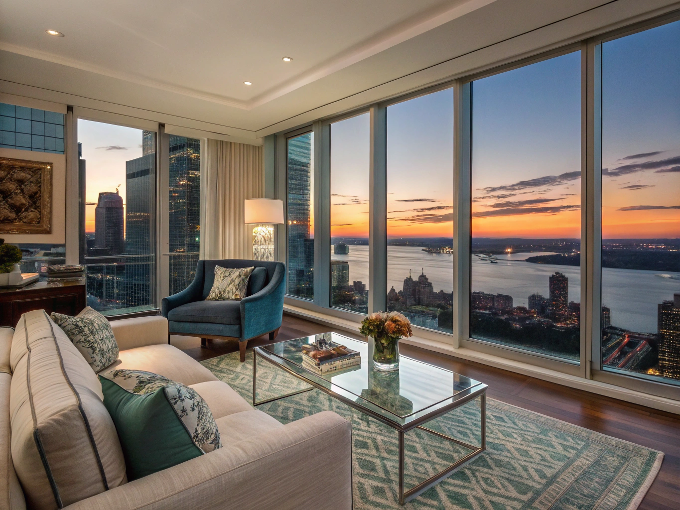 Modern luxury condo living room overlooking King Street West Toronto