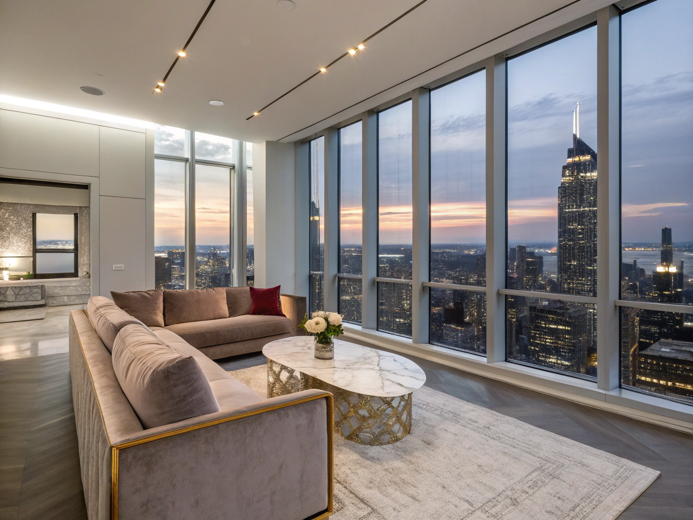 Contemporary penthouse living room overlooking Yorkville skyline