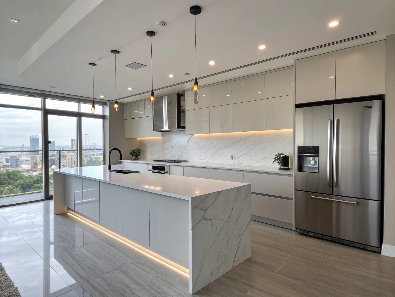 Contemporary kitchen island with quartz countertops and built-in appliances