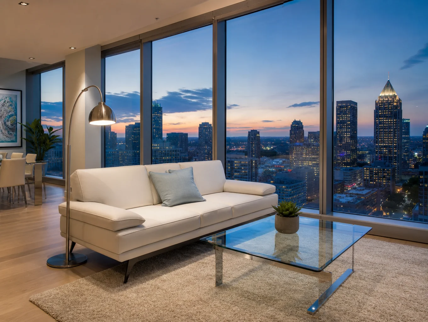 Modern high-rise condo living room with downtown Toronto view