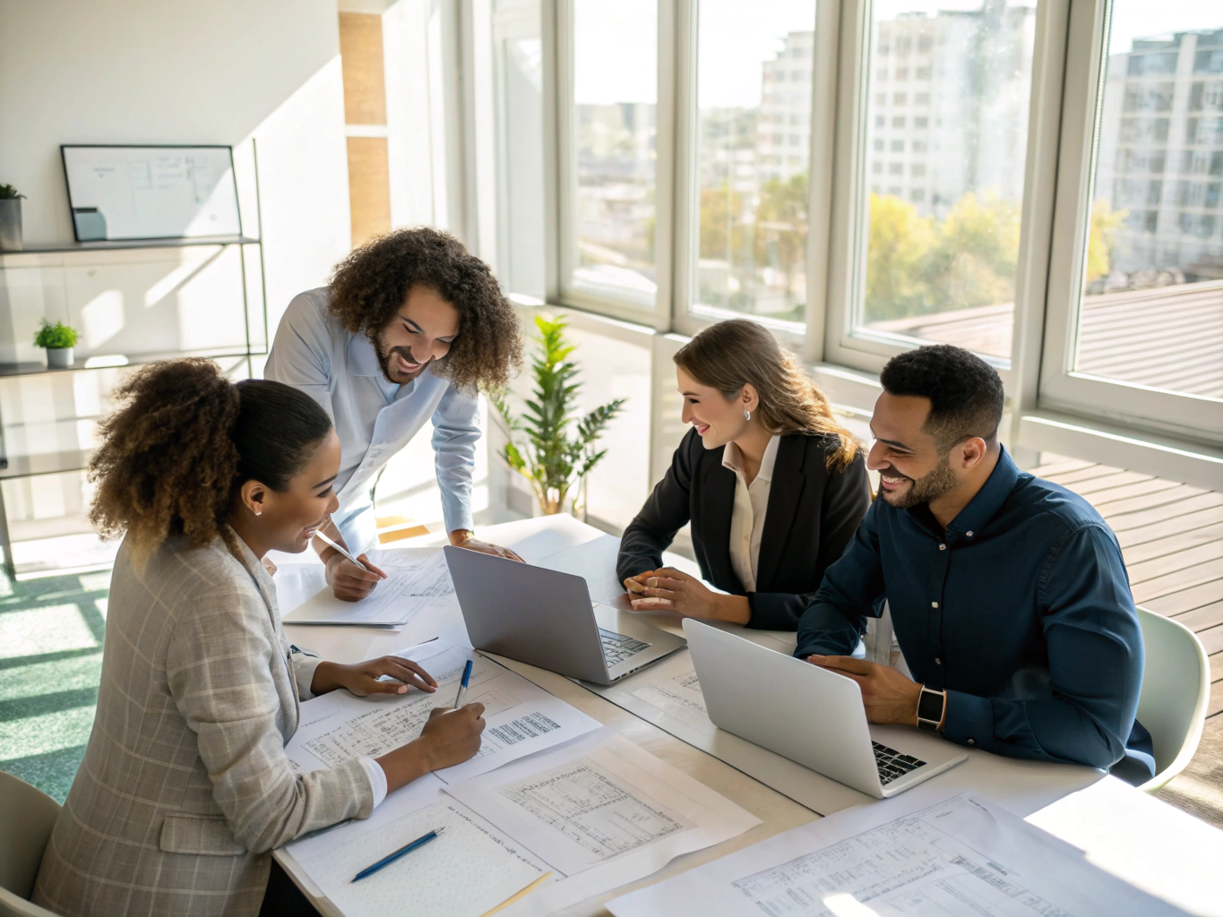 6ix Rentals team collaborating in a sunlit Toronto brick-and-beam office with floor plans and laptops